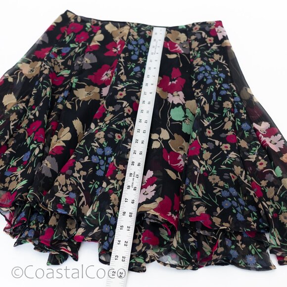 Ralph Lauren Georgette Black Floral Skirt 6 Midi Hanky Ruffled Fairy Festival - Picture 7 of 8